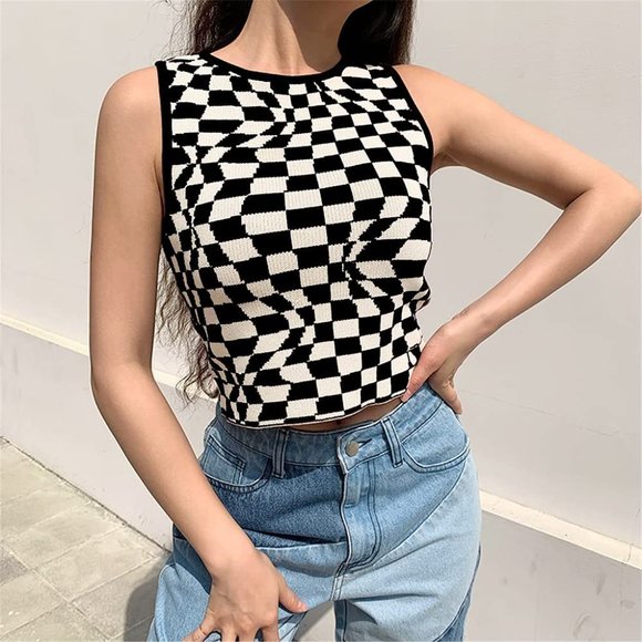 NEW RETRO CHECKERED KNIT CROP TOP - Picture 4 of 6